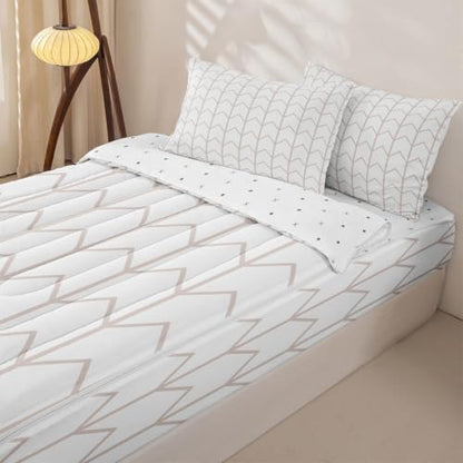 Beige White Geometric Chevron Zipper Bedding Set Twin - Arrow Pattern Bed in a Bag