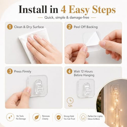 Mini Light Clips with Adhesive Strips - 50 Clear Cable & String Light Hooks