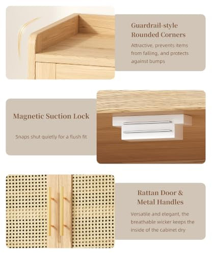 Keehusux Rattan Shoe Cabinet with Doors & Adjustable Shelves - Natural Oak