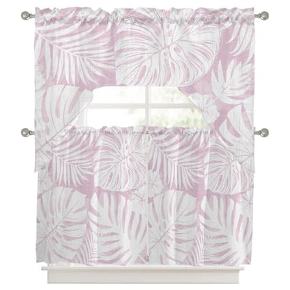 Pink Palm Leaves Swag Curtain Set 3 Pieces with Cherry Blossom Pink Variation
