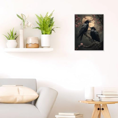 Gothic Raven Moon Canvas Wall Art - Dark Crow Nature Decor - Variation of Raven-01
