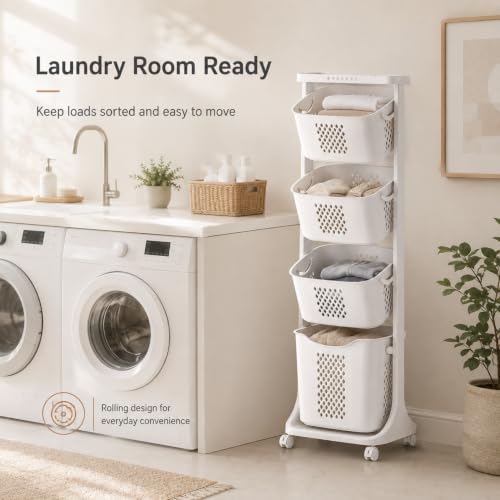 4 Tier Laundry Basket Organizer - Vertical Laundry Hamper with Wheels - C