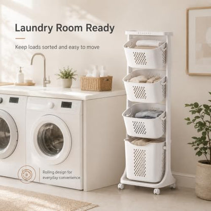 4 Tier Laundry Basket Organizer - Vertical Laundry Hamper with Wheels - C