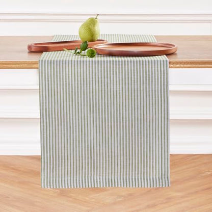 Linen Table Runner 14x108 Inches Avocado & White Striped - Handcrafted European Flax