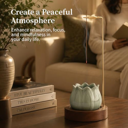 Ceramic Incense Holder with Ash Catcher and Wooden Base - Meditation Decor
