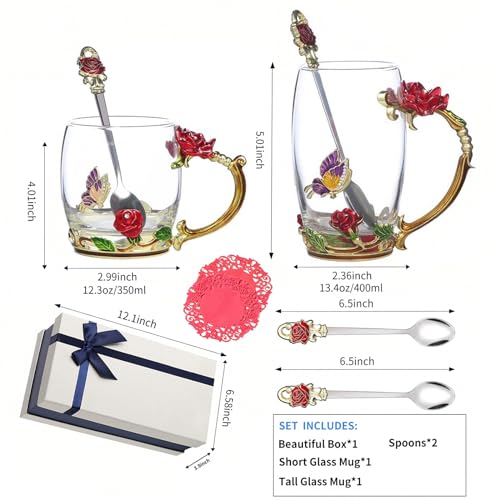 Glass Fancy Tea Cup Set with Rose Pattern and Spoon - Red Rose Variation