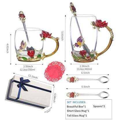Glass Fancy Tea Cup Set with Rose Pattern and Spoon - Red Rose Variation