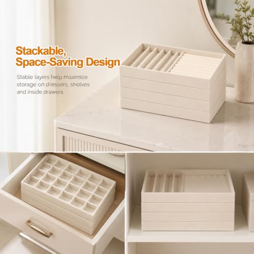 Velvet Jewelry Drawer Organizer Trays 4-Layer Beige Storage Set