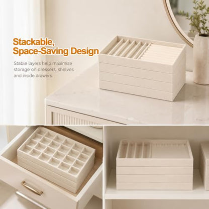 Velvet Jewelry Drawer Organizer Trays 4-Layer Beige Storage Set