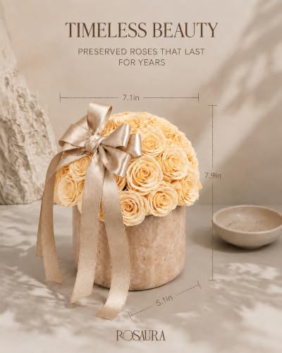 Golden Champagne Preserved Roses in Natural Yellow Travertine Vase - Gift Box