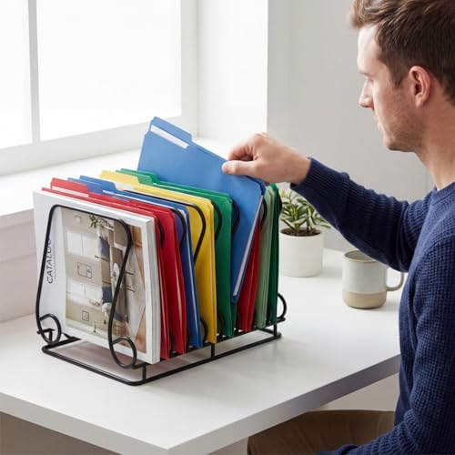 Wire Magazine Holder with 9 Slots & Elevated Base - Note-Shaped Metal Record Organizer, Pack of 2, 7.02 x 10.2 x 7.3 inches