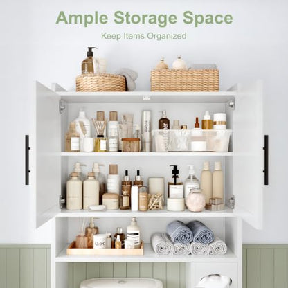 Over Toilet Storage Cabinet with Arched Doors, 34 Inch Wood Bathroom Organizer