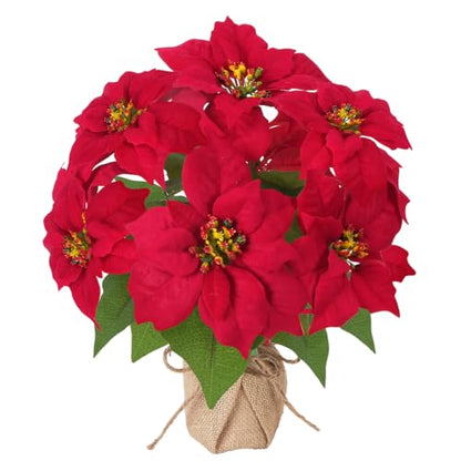 Mini Potted Christmas Poinsettia Flowers - 13 Inch Red Faux Plant, Rustic Decor