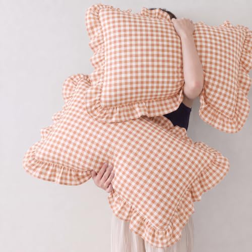 Cotton King Size Pillowcases Set of 2 Gingham Peach Ruffled Farmhouse Bedding