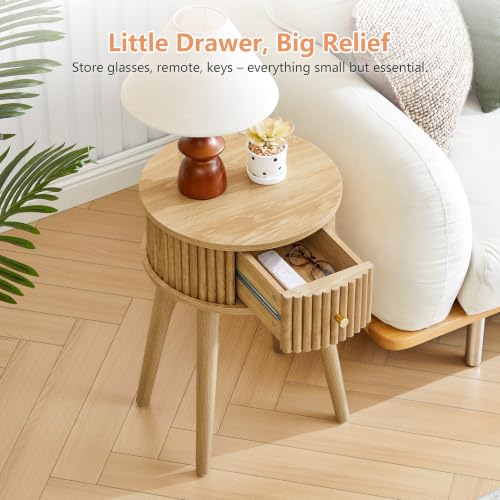 Round Fluted Side Table Set of 2 - Natural, 15.7"D x 15.7"W x 23.6"H, Mid-Century Modern Wooden Nightstands