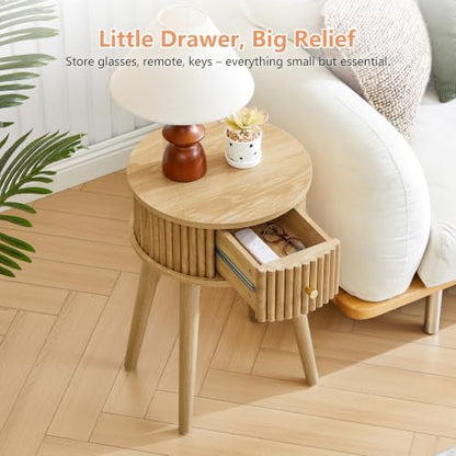 Round Fluted Side Table Set of 2 - Natural, 15.7"D x 15.7"W x 23.6"H, Mid-Century Modern Wooden Nightstands
