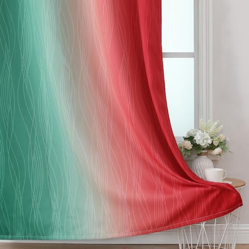Green and Red Ombre Blackout Curtains 52x96 Inches - Pack of 2 - Modern Room Darkening Drapes with Wavy Line Design