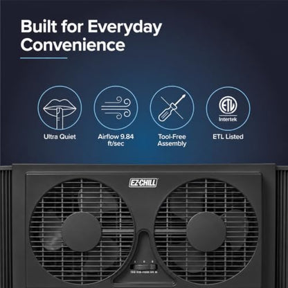 Twin Window Fan with Reversible Airflow, 2 Speed Settings, Auto-Locking Expanders