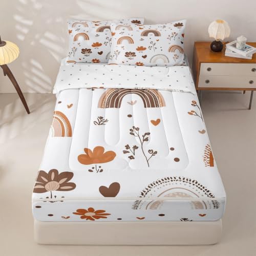 Rainbow Zipper Bedding Set Twin - Boho Microfiber Comforter & Pillowcases, Light Blue/White/Brown/Beige Variation