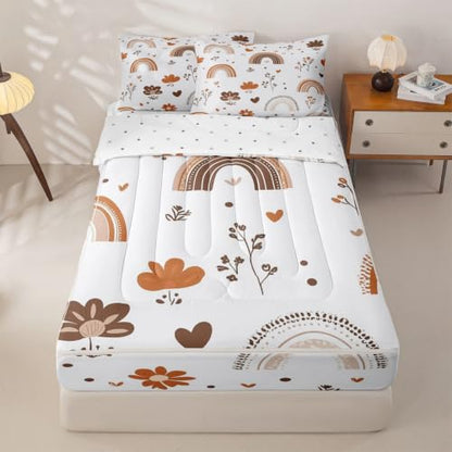 Rainbow Zipper Bedding Set Twin - Boho Microfiber Comforter & Pillowcases, Light Blue/White/Brown/Beige Variation