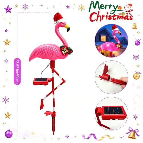 Pink Flamingo Solar Christmas Yard Decorations - 2 Pack Outdoor Lights