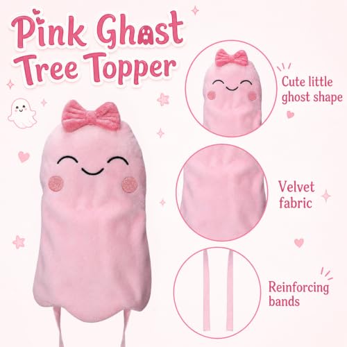 Pink Halloween Ghost Tree Topper 10 Inch Velvet Ornament for Christmas & Fall Decor