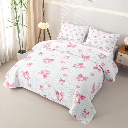 Pink Cherry Queen Size Breathable Quilt Set with Bowknot Design - Cozy Bedspread for Kids & Adults