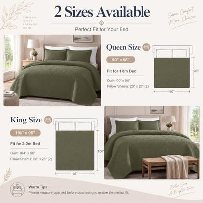 Olive Green Queen Quilt Set Lightweight Bedspread with Pillow Shams
