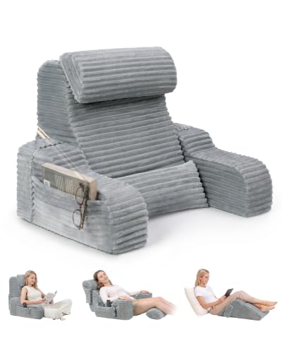 Foldable Reading Pillow for Bed 19" Grey 5-Piece Support System