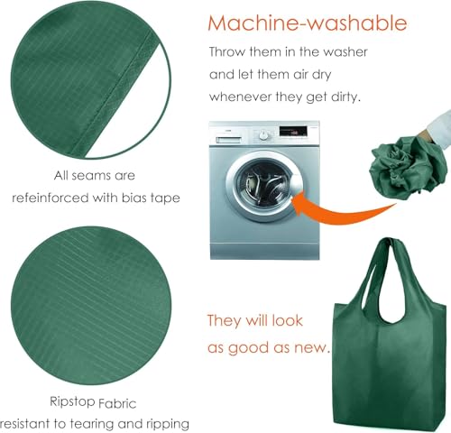 BeeGreen Reusable Grocery Bags Bulk Set - Dark Green Foldable & Washable with Zipper Pouch - 50 Pack