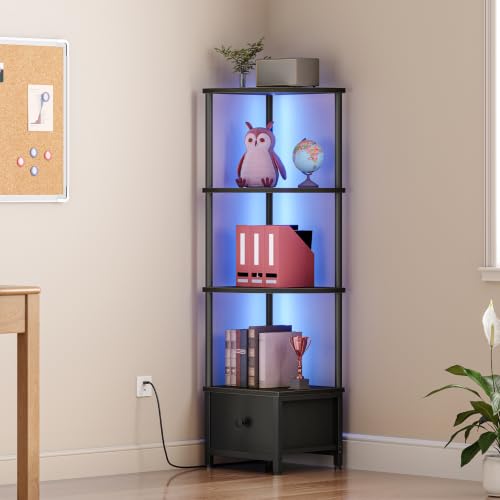 Corner Shelf Stand with LED Light and Drawer - Black, 11.8 x 11.8 x 51.6 inches