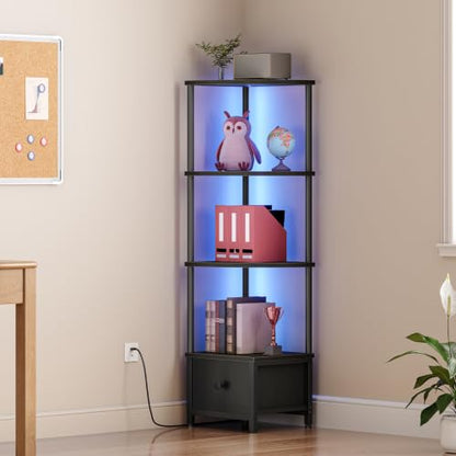 Corner Shelf Stand with LED Light and Drawer - Black, 11.8 x 11.8 x 51.6 inches