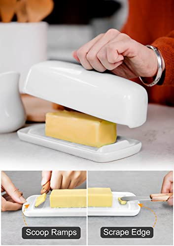 White Ceramic Butter Dish with Lid - Non-Slip Ridges, Countertop Storage