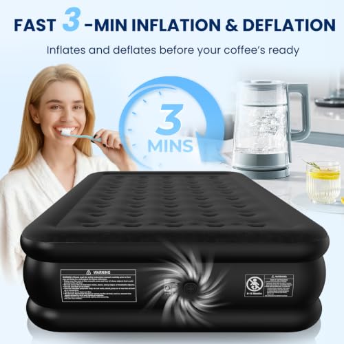Black Queen Air Mattress with Built-In Pump 18in Leak-Tested Durable Support