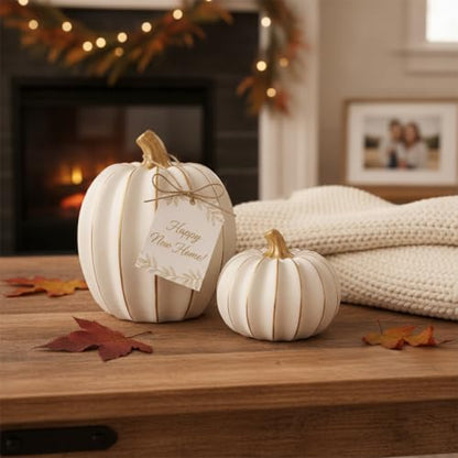 White Pumpkin Decor Set - 2 Resin Fall Pumpkins with Gold Accents