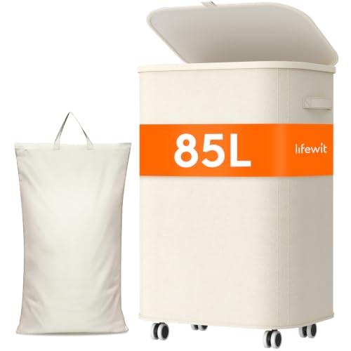 Large Laundry Basket with Wheels and Lid - 85L Capacity, White, Lifewit