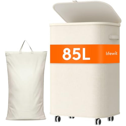Large Laundry Basket with Wheels and Lid - 85L Capacity, White, Lifewit