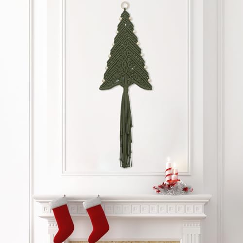 Sage Green Boho Macrame Christmas Tree Wall Hanging with Wood Beads - Handmade Holiday Decor, 32 x 11 Inches, Variation: Sage Green Beige