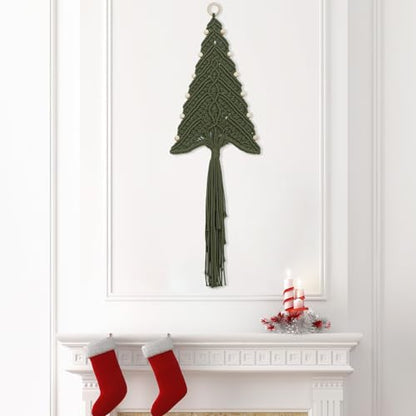 Sage Green Boho Macrame Christmas Tree Wall Hanging with Wood Beads - Handmade Holiday Decor, 32 x 11 Inches, Variation: Sage Green Beige