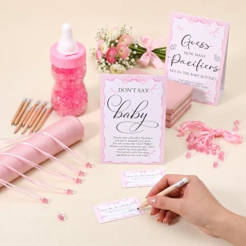 Pink Baby Shower Games Pack with Pacifier Necklace Guessing Set - Pink Bow Variation
