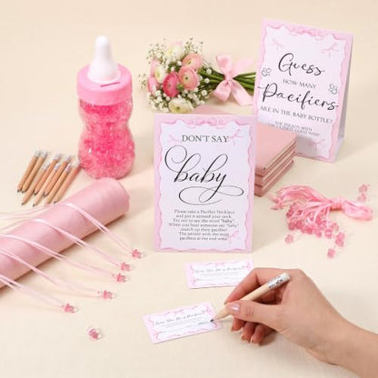 Pink Baby Shower Games Pack with Pacifier Necklace Guessing Set - Pink Bow Variation