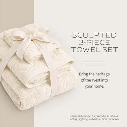 Pendleton Sculpted Ivory Cotton Bath Towel Set - Woven Design, 3-Piece
