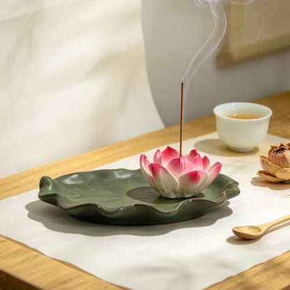 Ceramic Incense Holder with Detachable Lotus & Leaf Tray for Meditation
