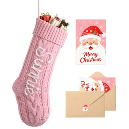 Pink Personalized Christmas Stockings with Name Customization, 18 Inch Knit Holiday Decor