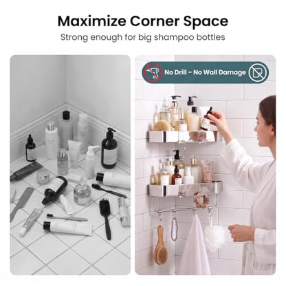 2 Pack Corner Shower Caddy Stainless Steel Adhesive or Drill Mount Bathroom Organizer