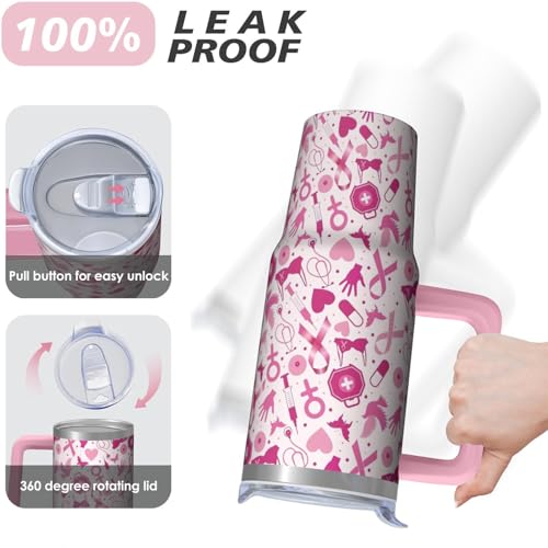 Cancer2 30oz Breast Cancer Awareness Stainless Steel Tumbler with Handle & Straw - Pink Ribbon Mug for Women & Survivors