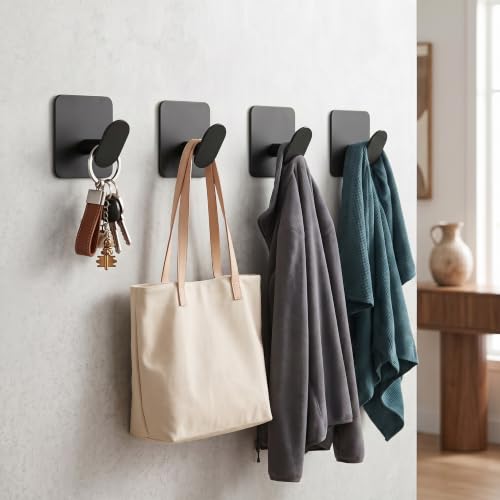 Heavy Duty Stainless Steel Wall Hooks 4 Pack - Self Adhesive Bathroom Kitchen Coat Towel Hangers