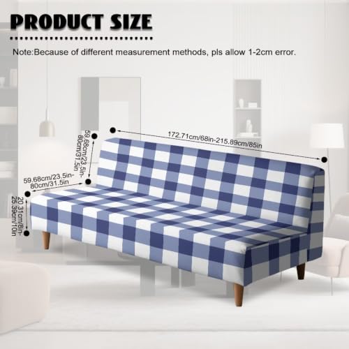 Blue White Buffalo Plaid Armless Futon Slipcover - Elastic Couch Protector for Bedroom & RV