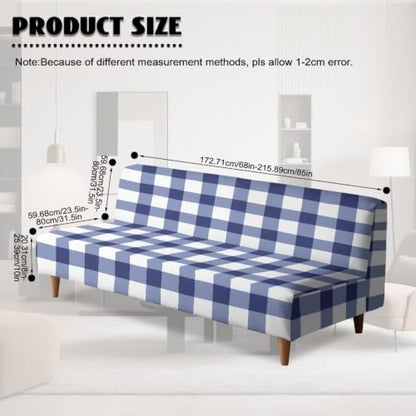 Blue White Buffalo Plaid Armless Futon Slipcover - Elastic Couch Protector for Bedroom & RV