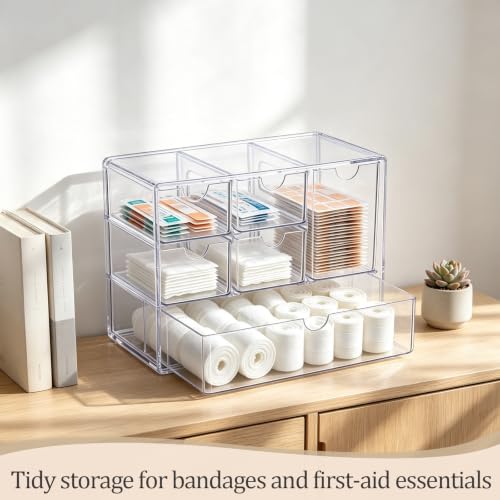 Stackable Clear Acrylic Bandaid Organizer with 6 Drawers for First-Aid Supplies